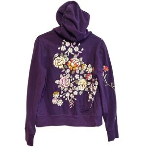 Y2K Lucky brand L zip up hoodie floral embroidered sweatshirt boho hippie 00s